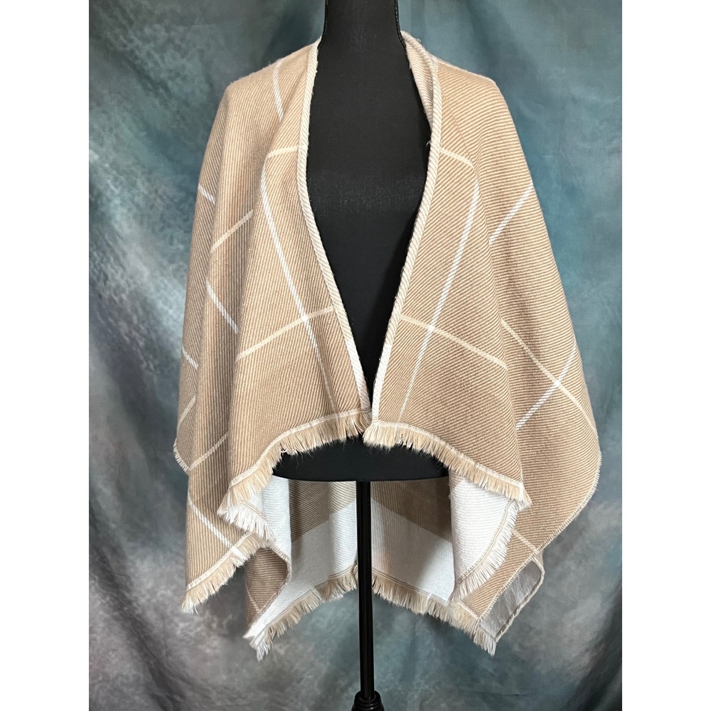 Banana Republic Tan Beige White Plaid Fringe Cape Shawl Wrap Poncho - Picture 5 of 7